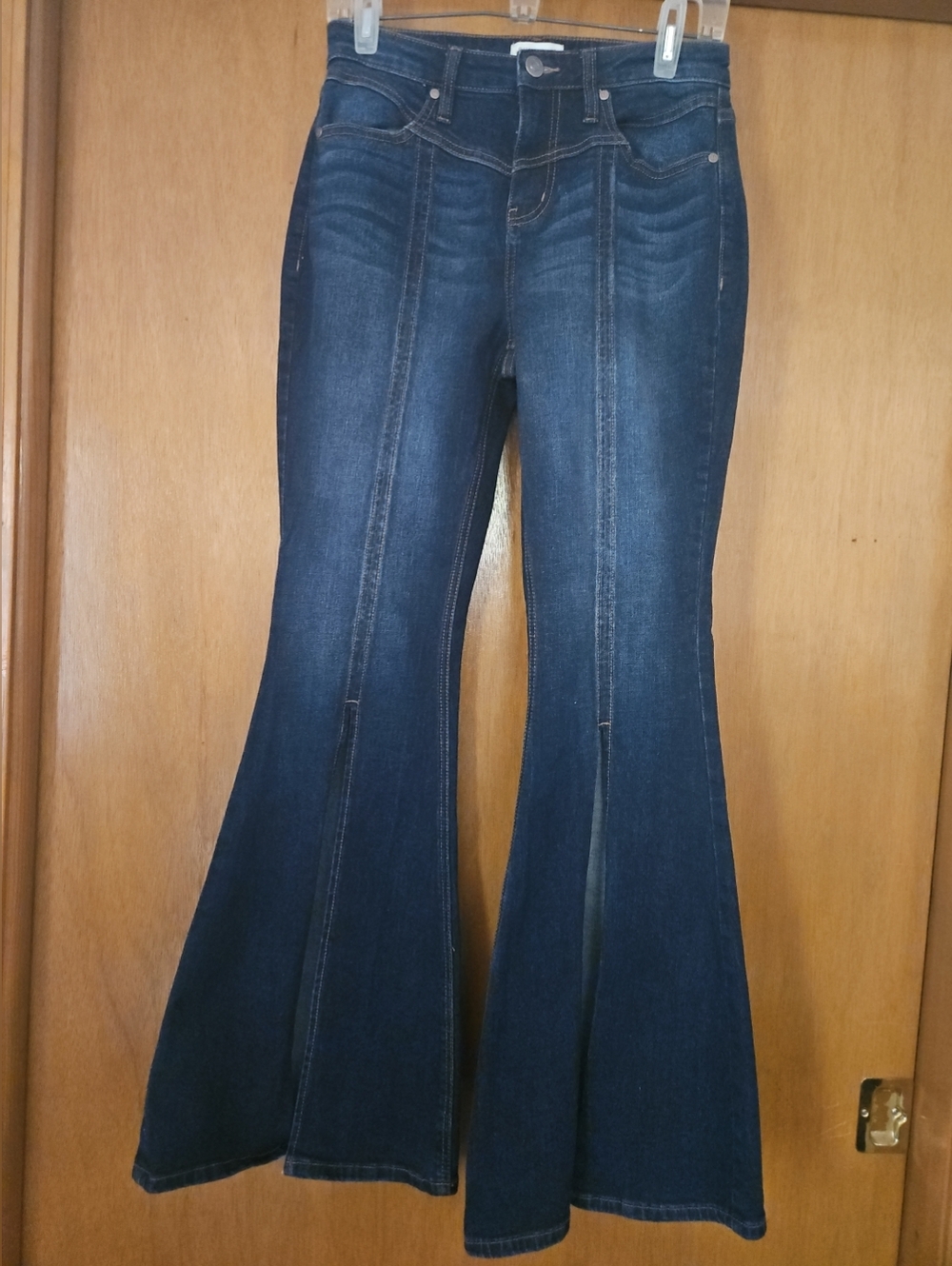 Shyanne Dark Blue Women's Flared Front Slits Jeans 28X32